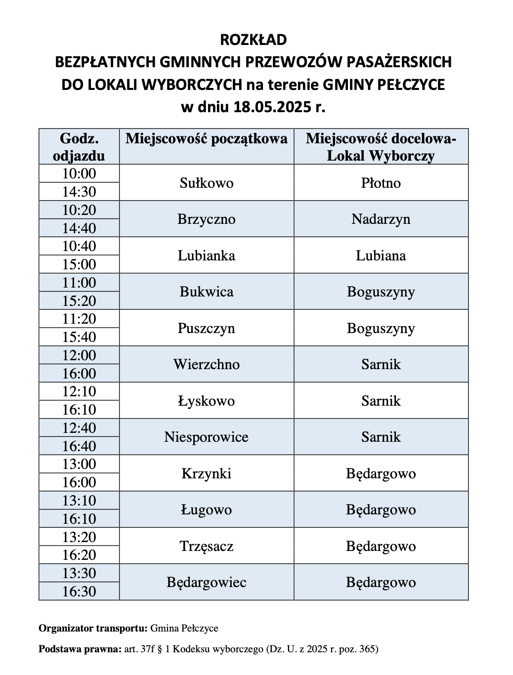 Rozkład przewozów pasażerskich do lokali wyborczych